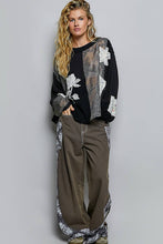 Black Round Neck Long Sleeve Crochet Embroidered Patch Lace POL Top