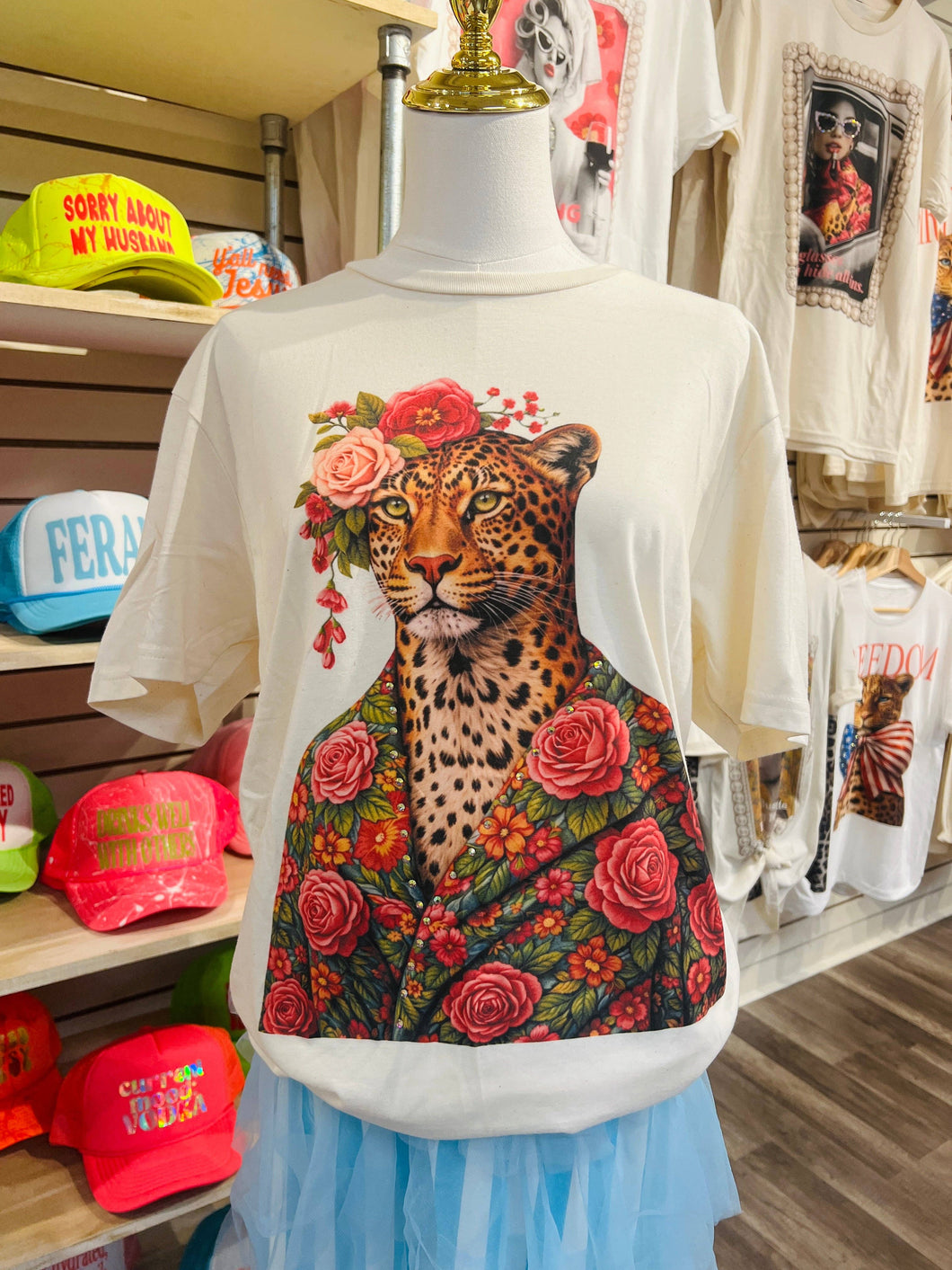 Floral Leopard Crystal Cream Graphic Tee