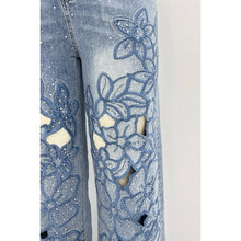 Blue Embroidered Cutout Straight Leg Jeans