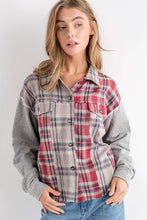 Grey Mix Plaid Front Pocket French Terry Shirt Jacket: