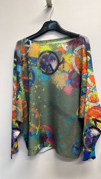 Peace and Love Olive Round Neck Knit Printed Sweater