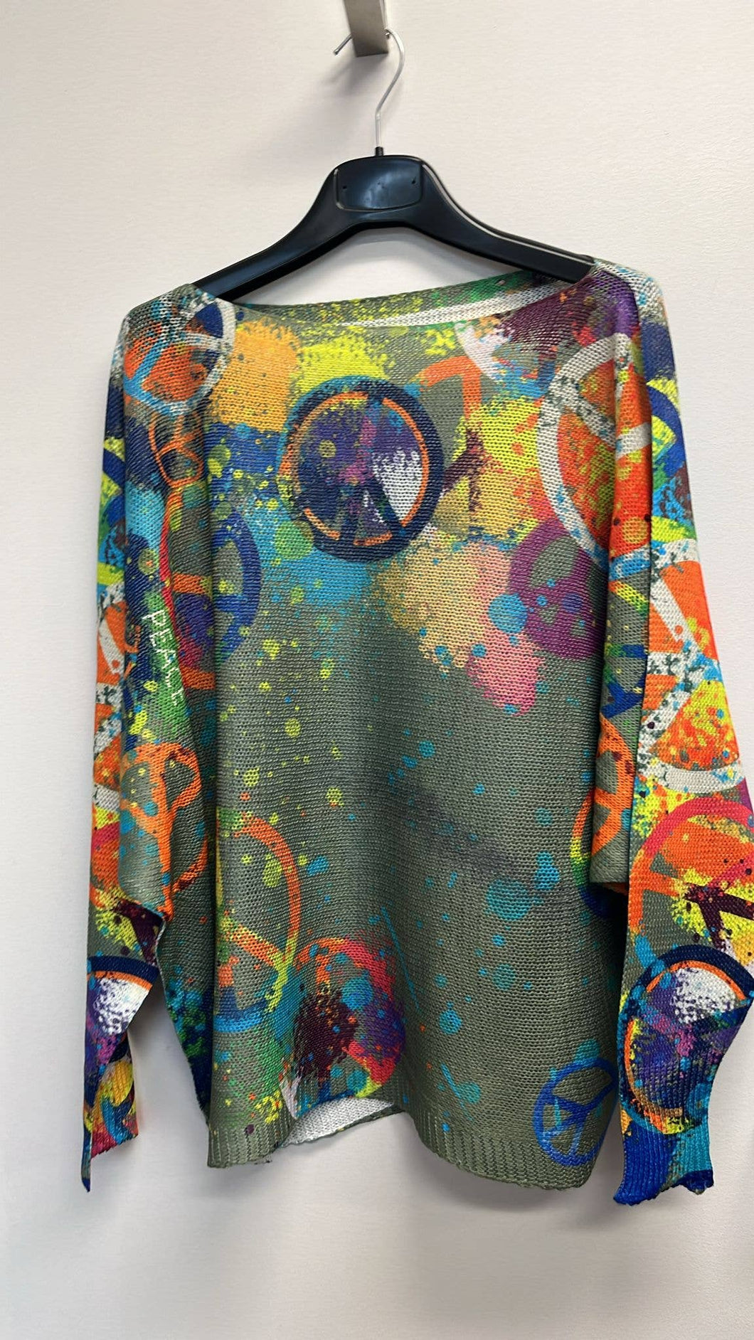 Peace and Love Olive Round Neck Knit Printed Sweater
