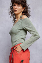 Vintage Washing Solid Buckle Open Shoulder Knit Thermal Top: PALE OLIVE