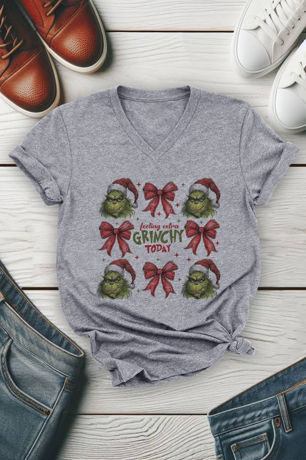 Heather Grey Feeling Extra Grinchy UNISEX V-Neck T Shirt