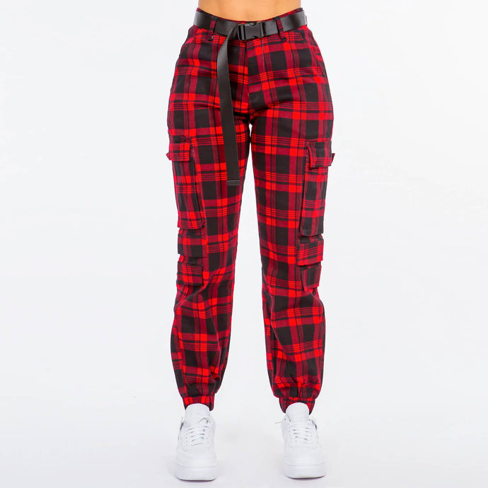 Red Black High Waist Plaid Patter Joggers