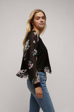Black Long Sleeves Ruffle Hem Top with Printed Chiffon Sleeves