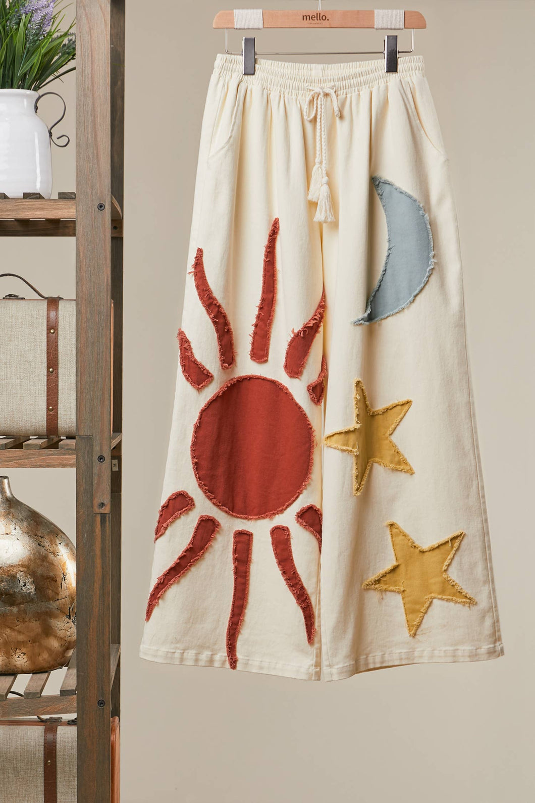 Cream Sun Moon Star Patch Wide Mello Pants