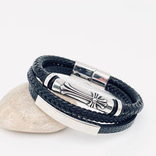 Stainless Steel Cross Leather Triple Layer Bracelet