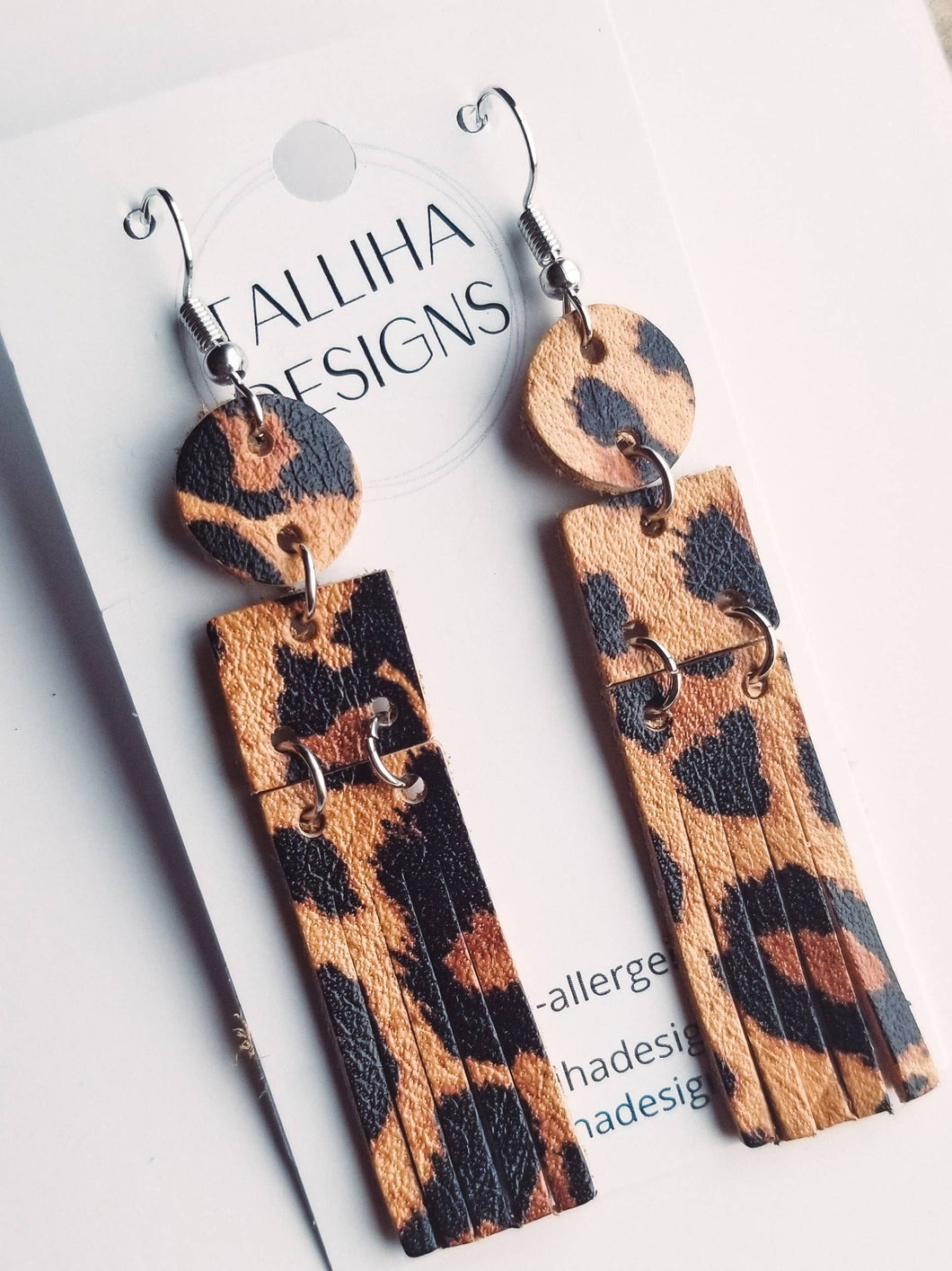 Leopard Genuine Leather Narrow Fringe Camila Earrings