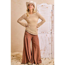Tan Textured Lace Knit Diagonal Hemling Vell Sleeve Top