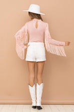 Blush Rayon Jersey Mock Neck Shoulder Fringe Bodysuit