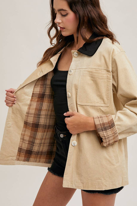 Beige Corduroy Button Down Barn Coat