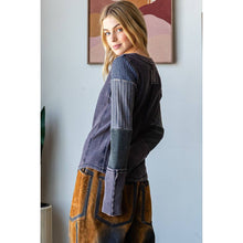 Navy Washed Textured Contrast Snap Button Cuff Oli+Hali Top