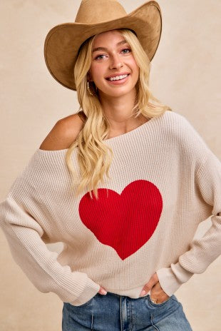 Ivory Red Heart Waffle Knit Off Shoulder Bibi Top 12/26/25 1259