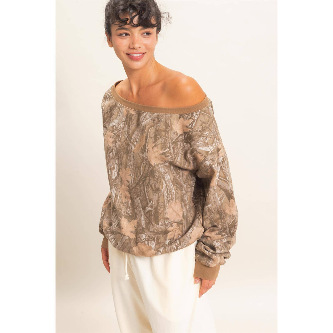 Brown Tree Camouflage Print Off The Shoulder Sweatshirt