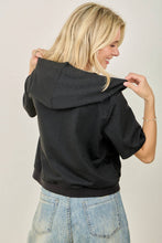 IJ3526 Rhinestone-Adorned Short Sleeve Zip-Up Hoodie Jacket: Black / L