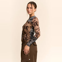 Mocha Blue Floral Flocked Patchwork Mesh DD Top