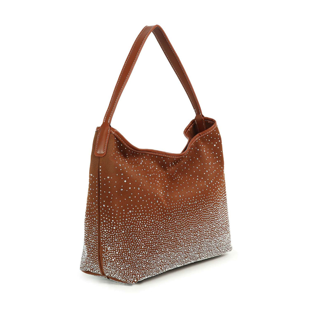 Brown Glamorous Rhinestone Design Hobo Handbag
