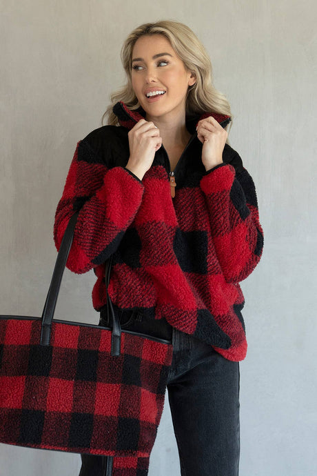 Red Black Bella Plaid Quilted Contrast Sherpa