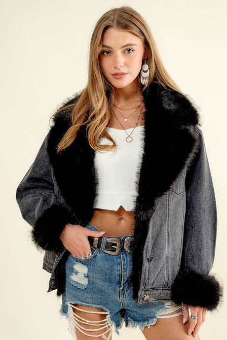 Washed Black Fur Collard Cuff Over sized Denim Jacket