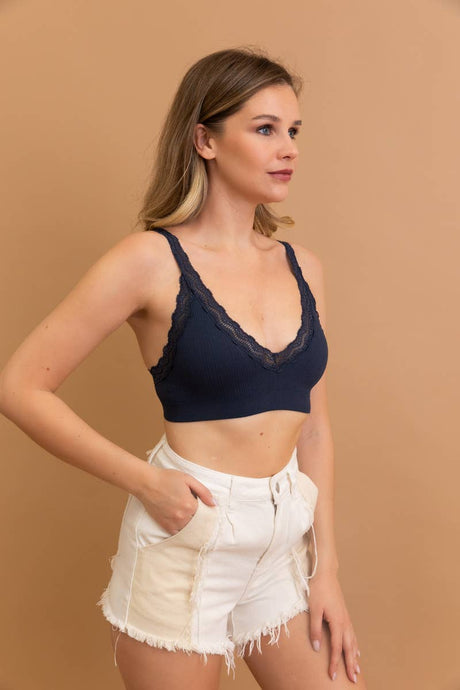 Blue Grey Lace Trim Padded Bralette