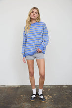 Blue Contrast Wide Neck Long Sleeve Stripe Knit Top