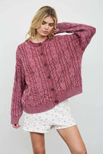 WASHED PATTERN CABLE KNIT BUTTON DOWN CARDIGAN: LIGHT KHAKI