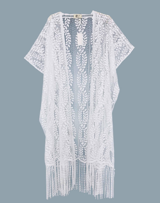 White Lace Ferns Fringe-Accent Long Kimono