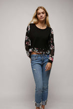 Black Long Sleeves Ruffle Hem Top with Printed Chiffon Sleeves