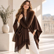 Dark Pink Faux Fur Collar Trim Fringe Shawl Poncho