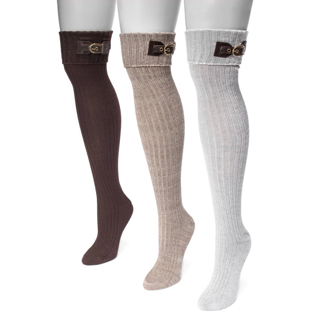 Neutral Muk Luks Women's 3 Pair Buckle Cuff Over the Knee Socks