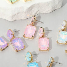 Pink Square Rectangle Glass Stone Link Dangle Evening Earrings