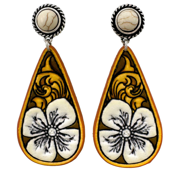 White Tooled Leather Western Flower Teardrop Earrings