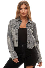 Black Acid Wash Denim Jacket with Raw Hem