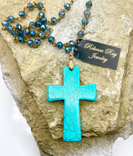 Vintage Blue Crystal Statement Necklace with Cross Charm
