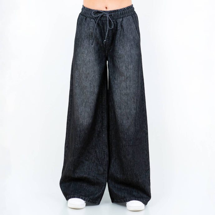 Black Wash Wide Leg Pull On Jeans