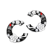 White Pearl Lipstick Flower Embellished Letter C Statement Earrings