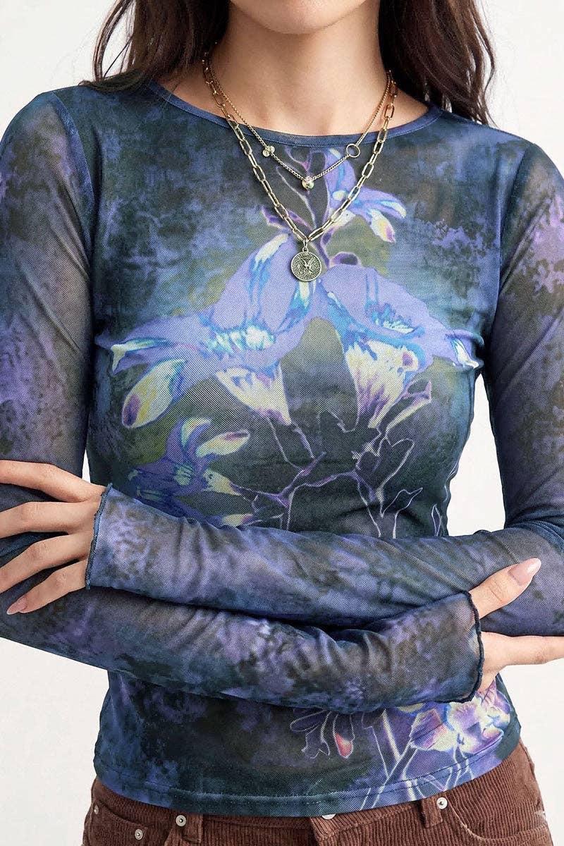 Navy Sheer Floral Print Long Sleeve Top