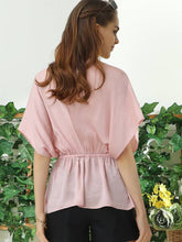 Light Pink V Neck Batwing Sleeve Silk Blouse