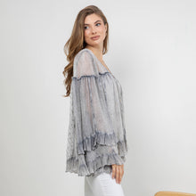 Grey Dreamy Sheer V-Neck Ruffled Button-Front Young Threads Top