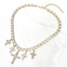 Blue Gold Opal Crystal Cross Charm Station Layered Statement Necklace