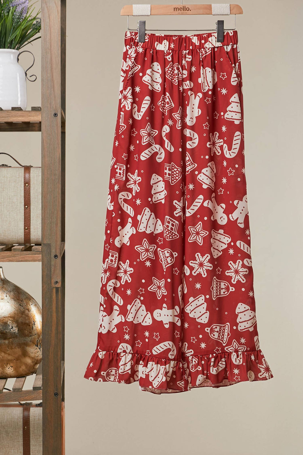 Red Printed Wide-Leg Pants with Ruffle Hem