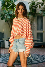 Orange Cream Textured Stripe Drawstring Ruched Sleeve Crop Top