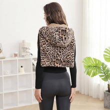 Dark Brown Faux Fur Leopard Print Hooded Zipper Front Crop Vest