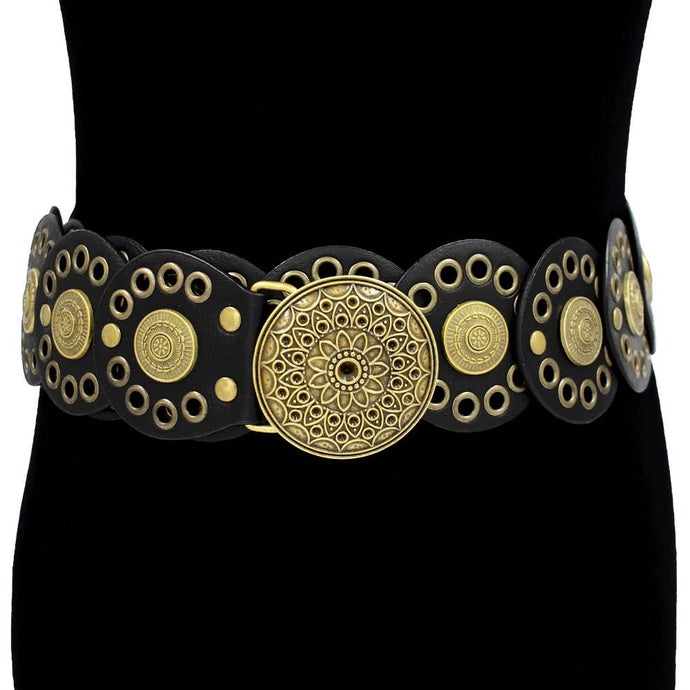 Black Gold Wide Western Mandala Conchos Adjustable Statement Waist Belt