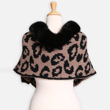 Grey Faux Fur Trim Leopard Pattern Shawl Wrap