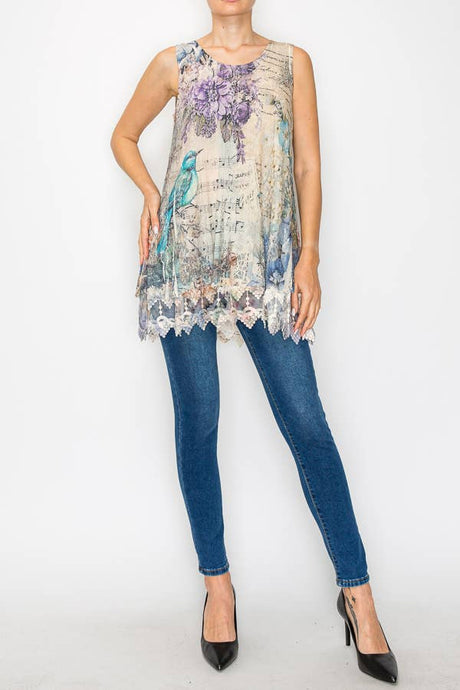 Bird Lined All Lace Tunic Sleeveless Top