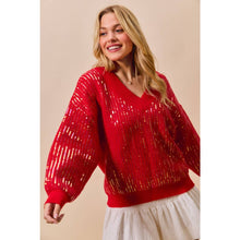 Red Christmas Sequins V Neck Sweater