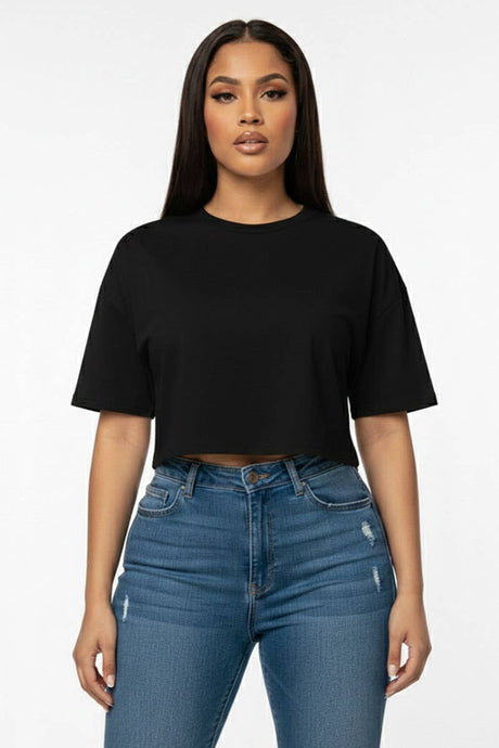 Black Short Sleeve Round Neck Basic Crop Top