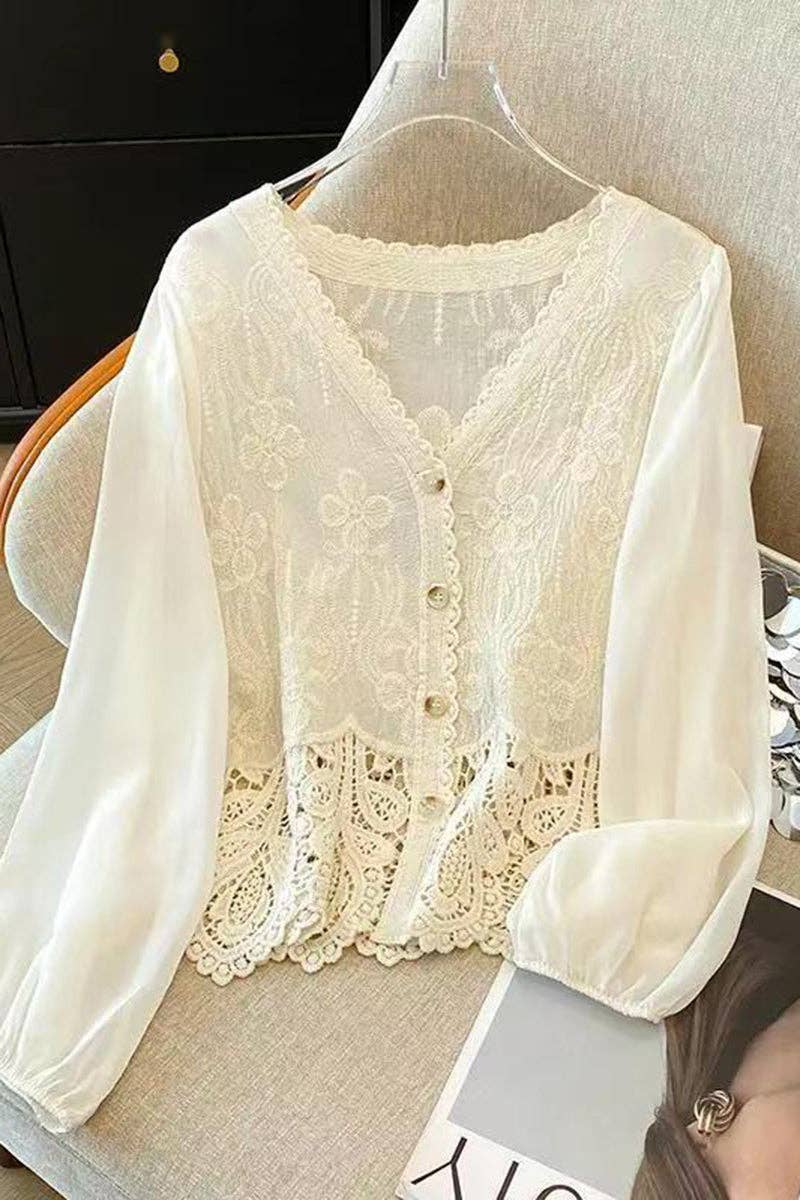Beige Floral Button Cutout Hem Blouse